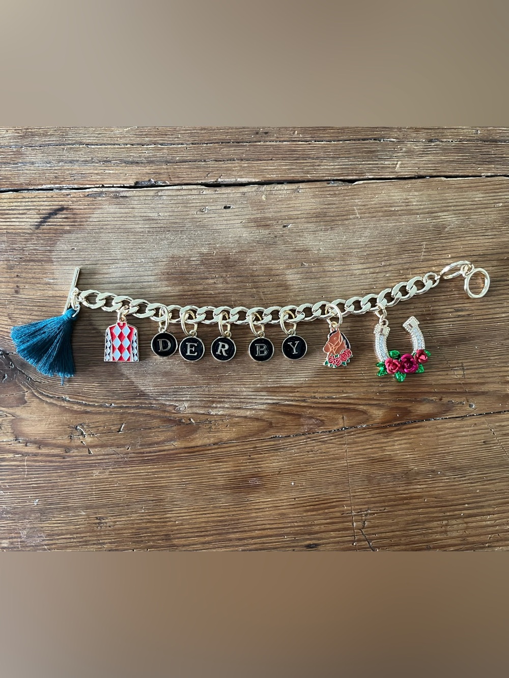 Kentucky Derby Charm Bracelet Gold Tone Teal Tassel Equestrian - Picture 2 of 8